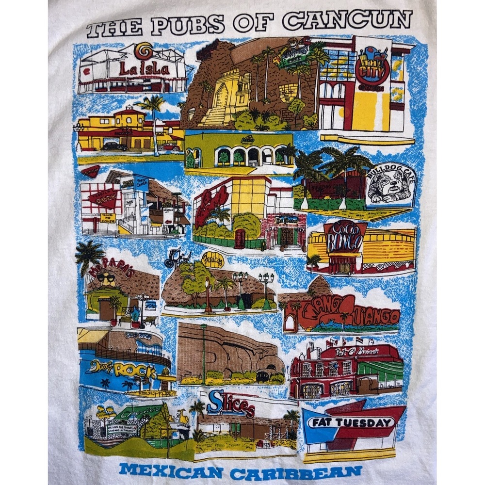 Vintage Pubs Of Cancun Mexico T-Shirt Mens XXL White Y2K Bars